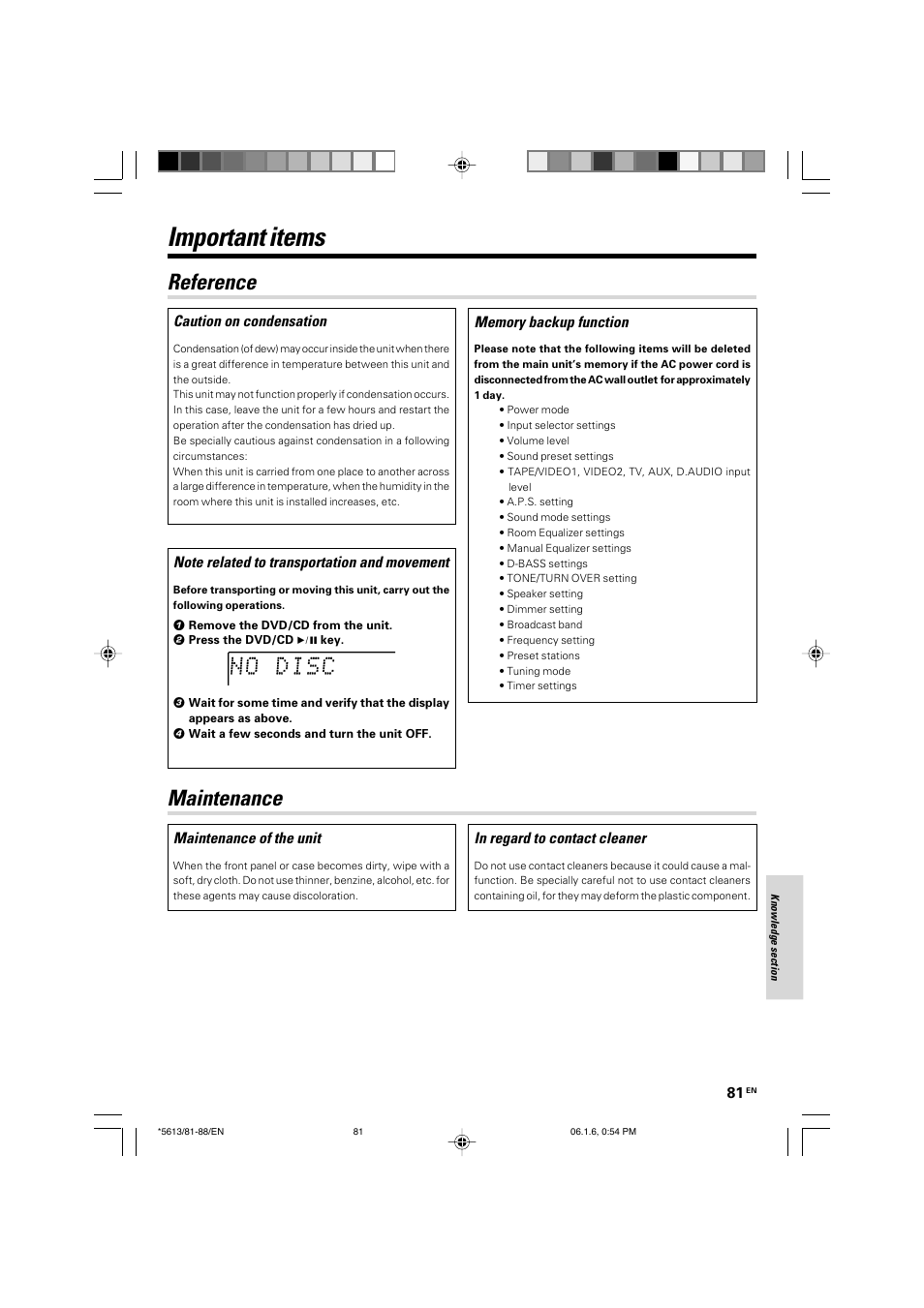 Important items, Maintenance reference, Maintenance of the unit | Caution on condensation | Kenwood AX-7 User Manual | Page 81 / 88