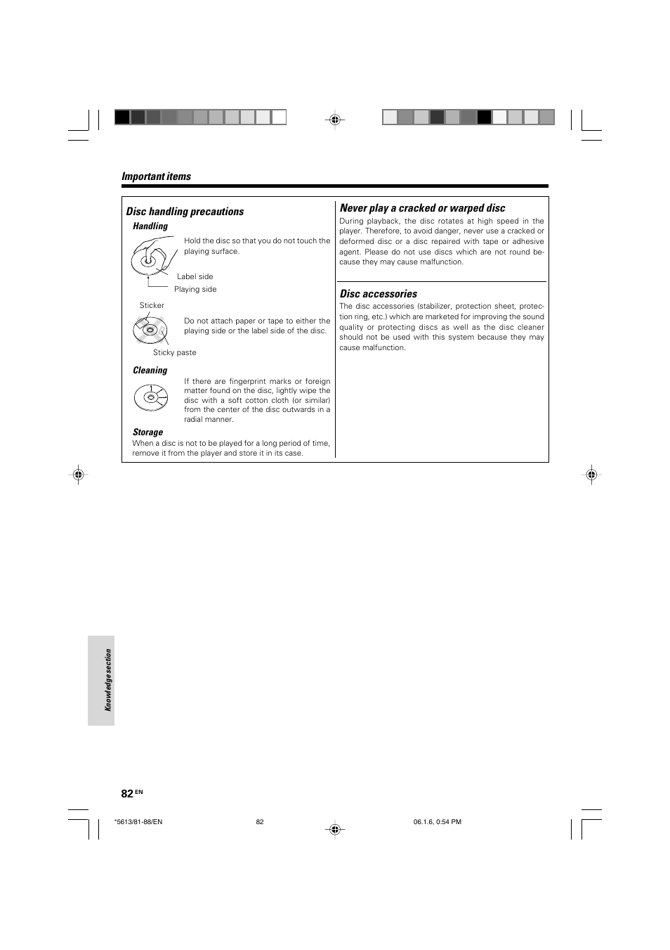 Disc handling precautions, Never play a cracked or warped disc, Disc accessories | Important items | Kenwood AX-7 User Manual | Page 82 / 88