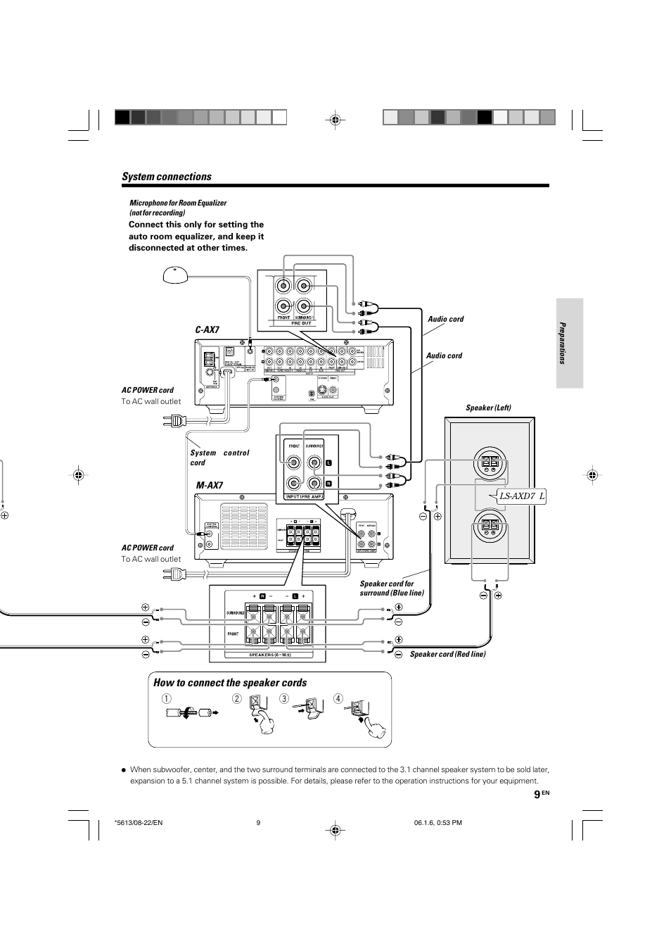 System connections, How to connect the speaker cords | Kenwood AX-7 User Manual | Page 9 / 88