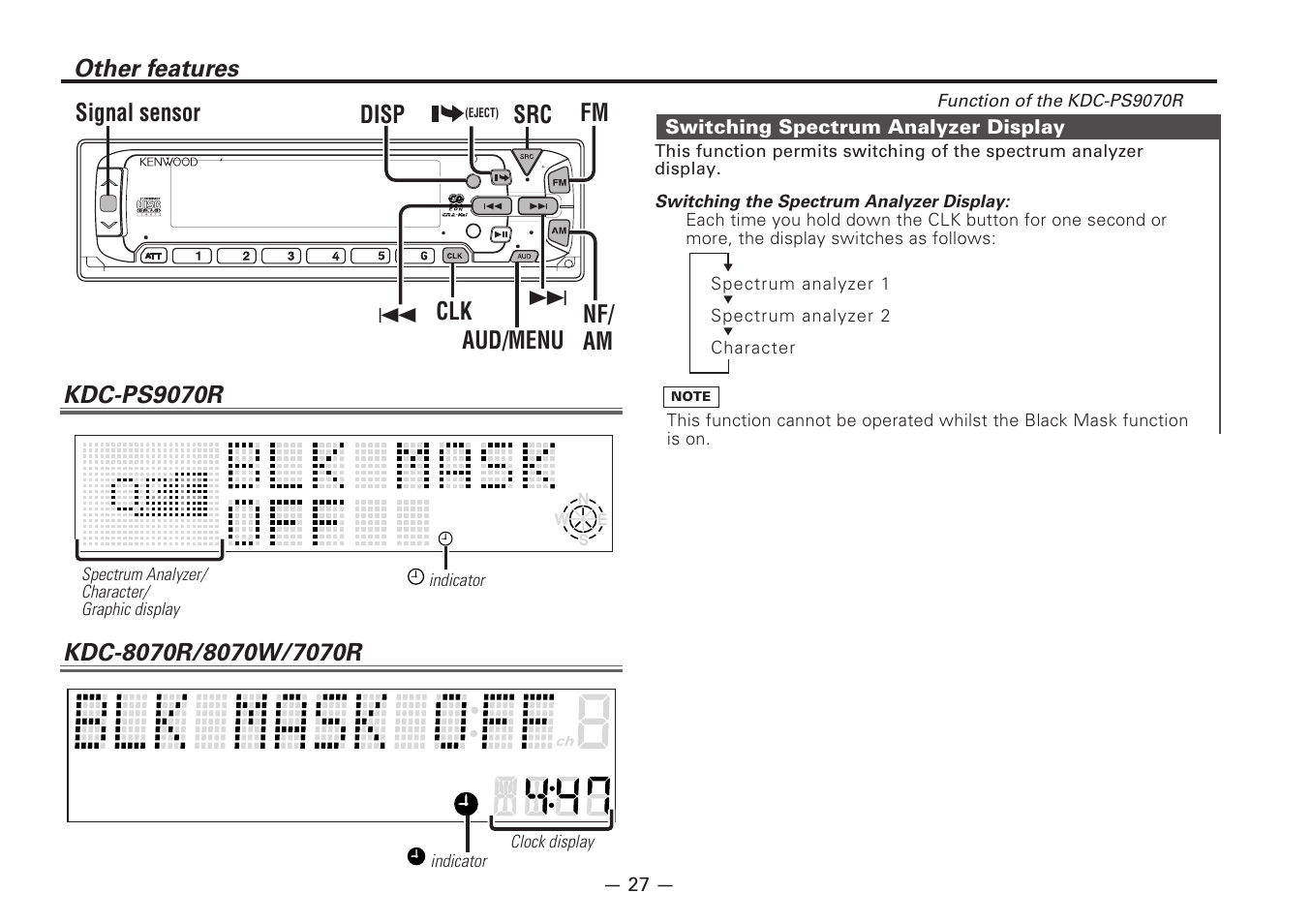 Other features, Switching spectrum analyzer display, Nf/ am fm clk aud/menu 4 ¢ disp src signal sensor | Kenwood DIGITAL AUDIO KDC-8070R User Manual | Page 27 / 48