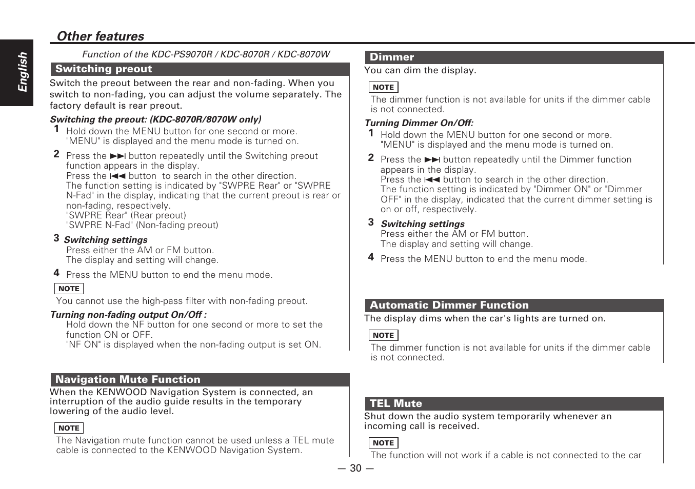 Switching preout, Navigation mute function, Dimmer | Automatic dimmer function, Tel mute, Other features, English | Kenwood DIGITAL AUDIO KDC-8070R User Manual | Page 30 / 48