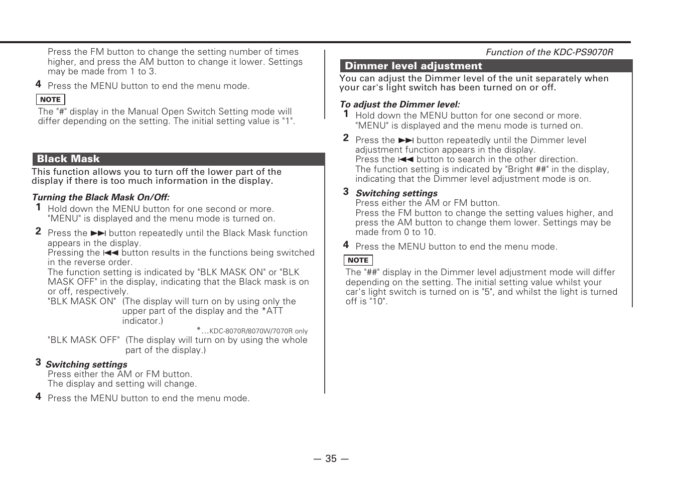 Black mask, Dimmer level adjustment | Kenwood DIGITAL AUDIO KDC-8070R User Manual | Page 35 / 48