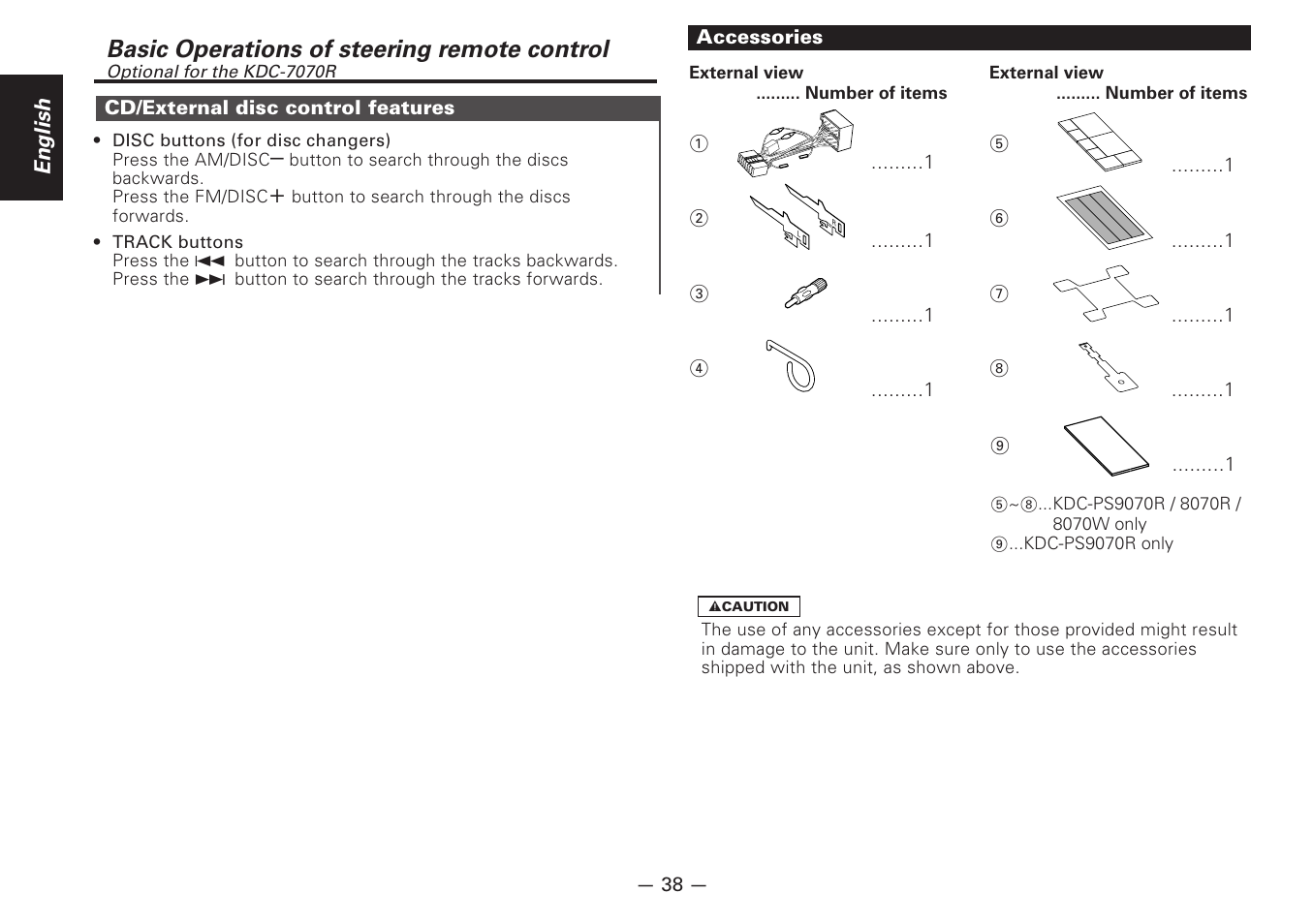 Cd/external disc control features, Accessories, Basic operations of steering remote control | Kenwood DIGITAL AUDIO KDC-8070R User Manual | Page 38 / 48