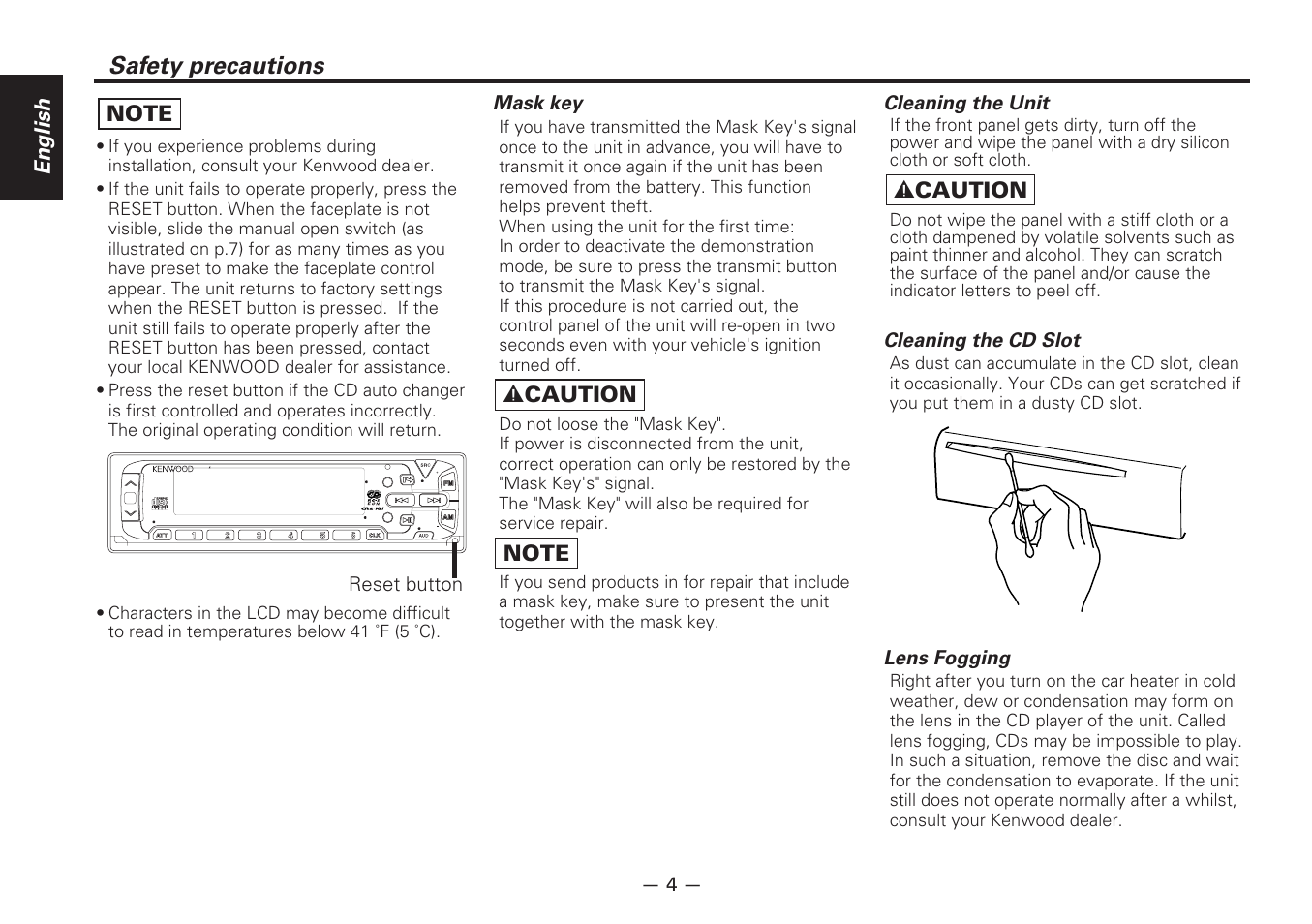 Safety precautions, English, 2 caution | Mask key, Cleaning the unit, Cleaning the cd slot, Lens fogging, Reset button | Kenwood DIGITAL AUDIO KDC-8070R User Manual | Page 4 / 48