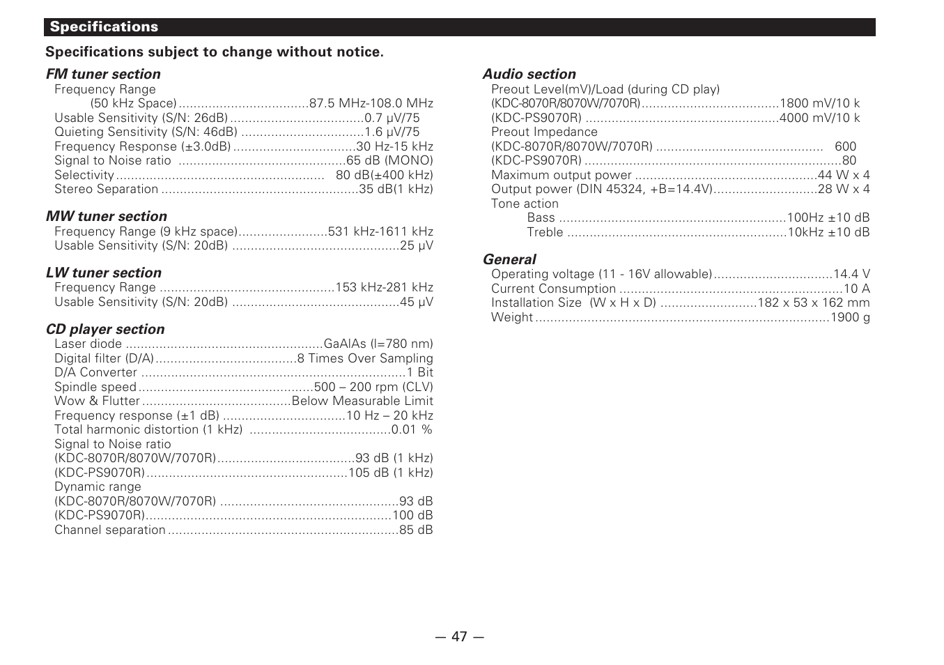 Kenwood DIGITAL AUDIO KDC-8070R User Manual | Page 47 / 48