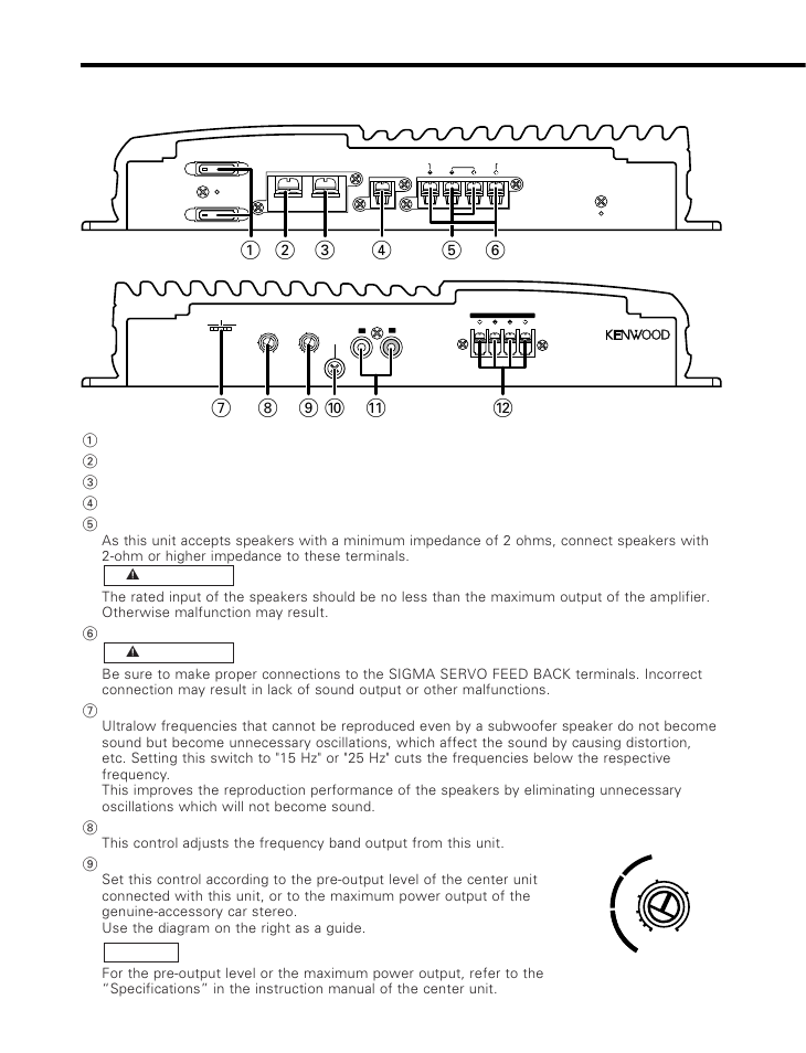 Controls, Fuse (20 a, Battery terminal | Ground terminal, Power control (remote) terminal, Speaker output terminals, Sigma servo feed back terminals (see p.8), Infrasonic filter switch, Low pass filter frequency control, Input sensitivity control | Kenwood KAC-816 User Manual | Page 4 / 9