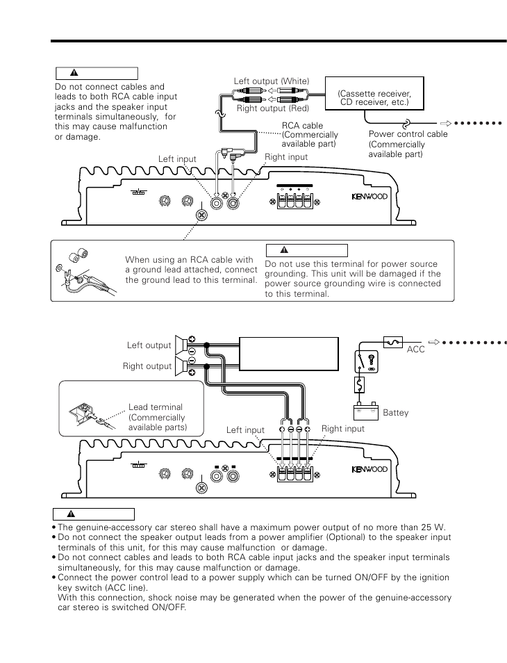 Connection, Rca cable connection, Speaker level input connection | Rca cable ground terminal, Speaker level input terminals | Kenwood KAC-816 User Manual | Page 6 / 9