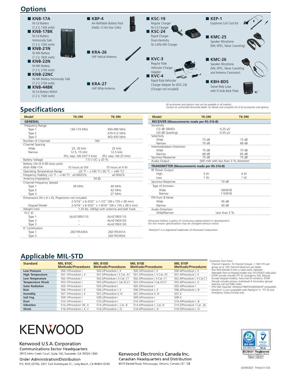 Options, Applicable mil-std, Specifications | Knb-17a, Knb-17bk, Knb-21n, Knb-22n, Knb-22nc, Knb-44bk, Kbp-4 | Kenwood TK-390 User Manual | Page 2 / 2