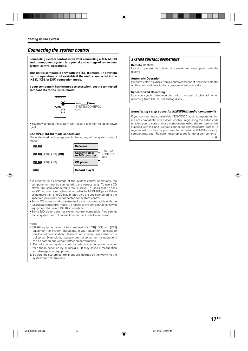 Connecting the system control | Kenwood KRF-V8060D User Manual | Page 17 / 44