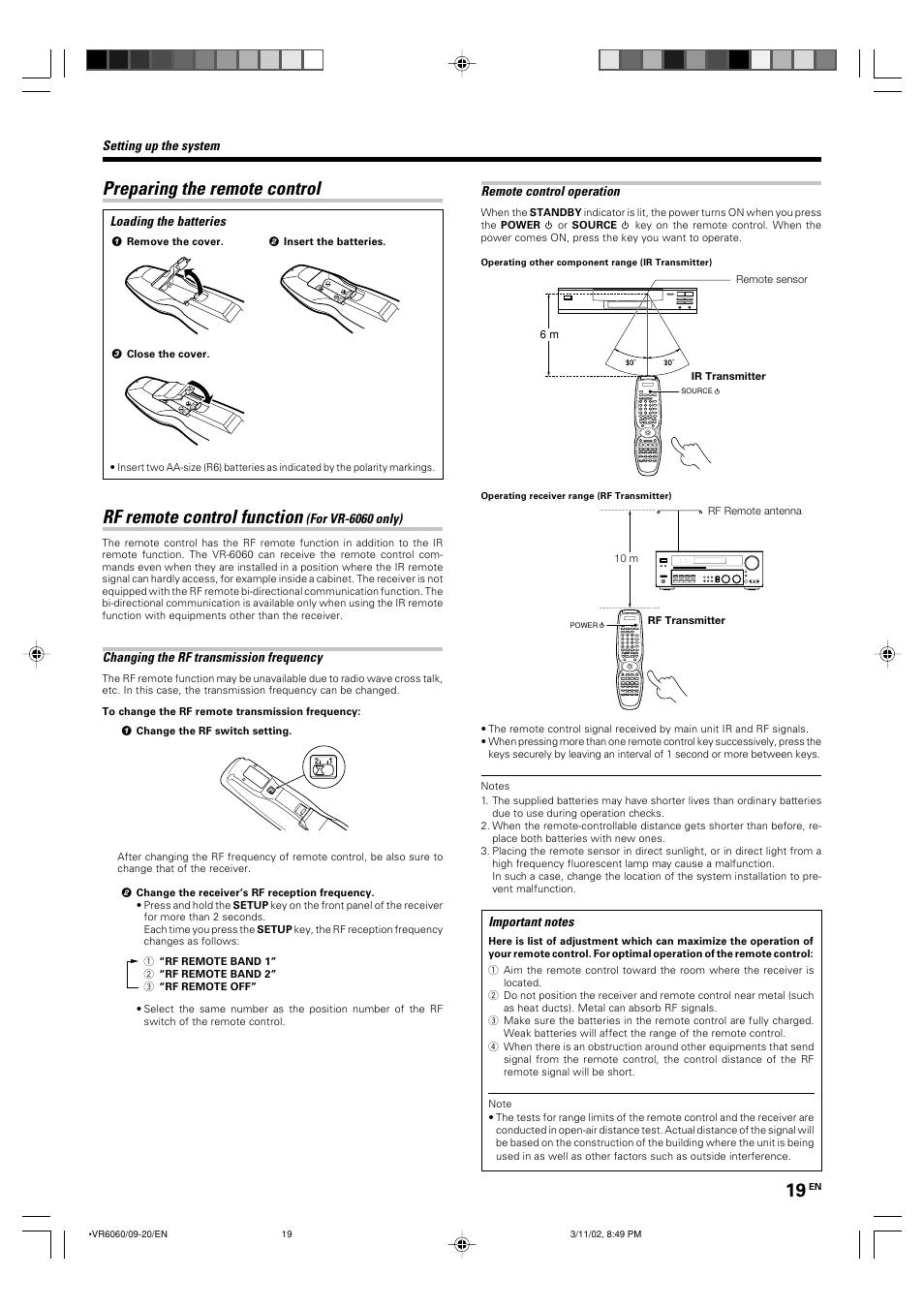 Preparing the remote control, Rf remote control function | Kenwood KRF-V8060D User Manual | Page 19 / 44