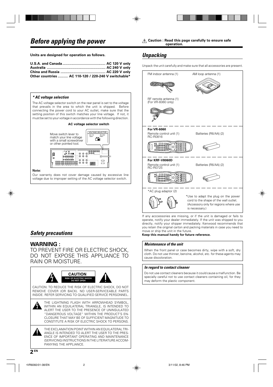 Preparations, Before applying the power, Unpacking | Safety precautions warning | Kenwood KRF-V8060D User Manual | Page 2 / 44