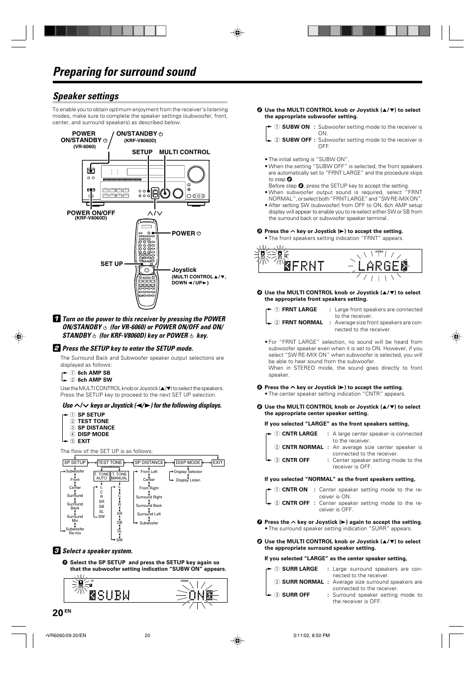 Preparing for surround sound, Speaker settings, Press the setup key to enter the setup mode | Keys or joystick, For the following displays, Select a speaker system | Kenwood KRF-V8060D User Manual | Page 20 / 44