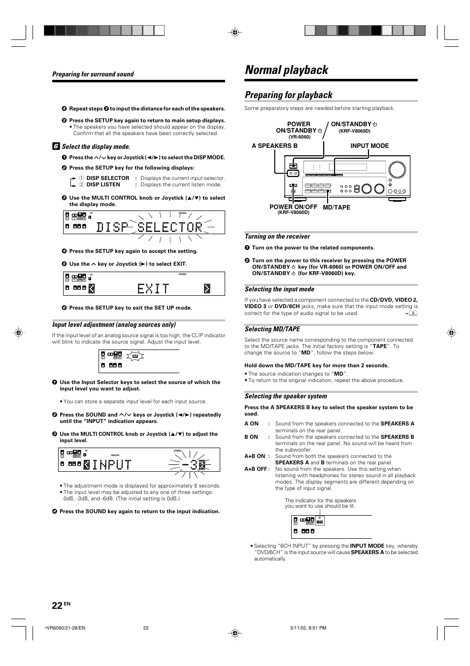 Operations, Normal playback, Preparing for playback | Select the display mode, Input level adjustment (analog sources only), Preparing for surround sound, Turning on the receiver, Selecting the input mode, Selecting md/tape, Selecting the speaker system | Kenwood KRF-V8060D User Manual | Page 22 / 44