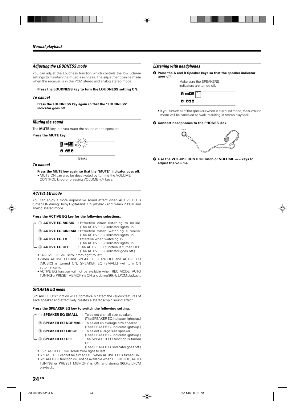 Adjusting the loudness mode, Muting the sound, Active eq mode | Speaker eq mode, Normal playback listening with headphones | Kenwood KRF-V8060D User Manual | Page 24 / 44
