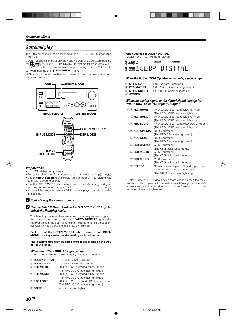 Surround play, Preparations, Start playing the video software | Use the listen mode knob or listen mode, Keys to select the listening mode, When the dolby digital signal is input, Ambience effects | Kenwood KRF-V8060D User Manual | Page 30 / 44