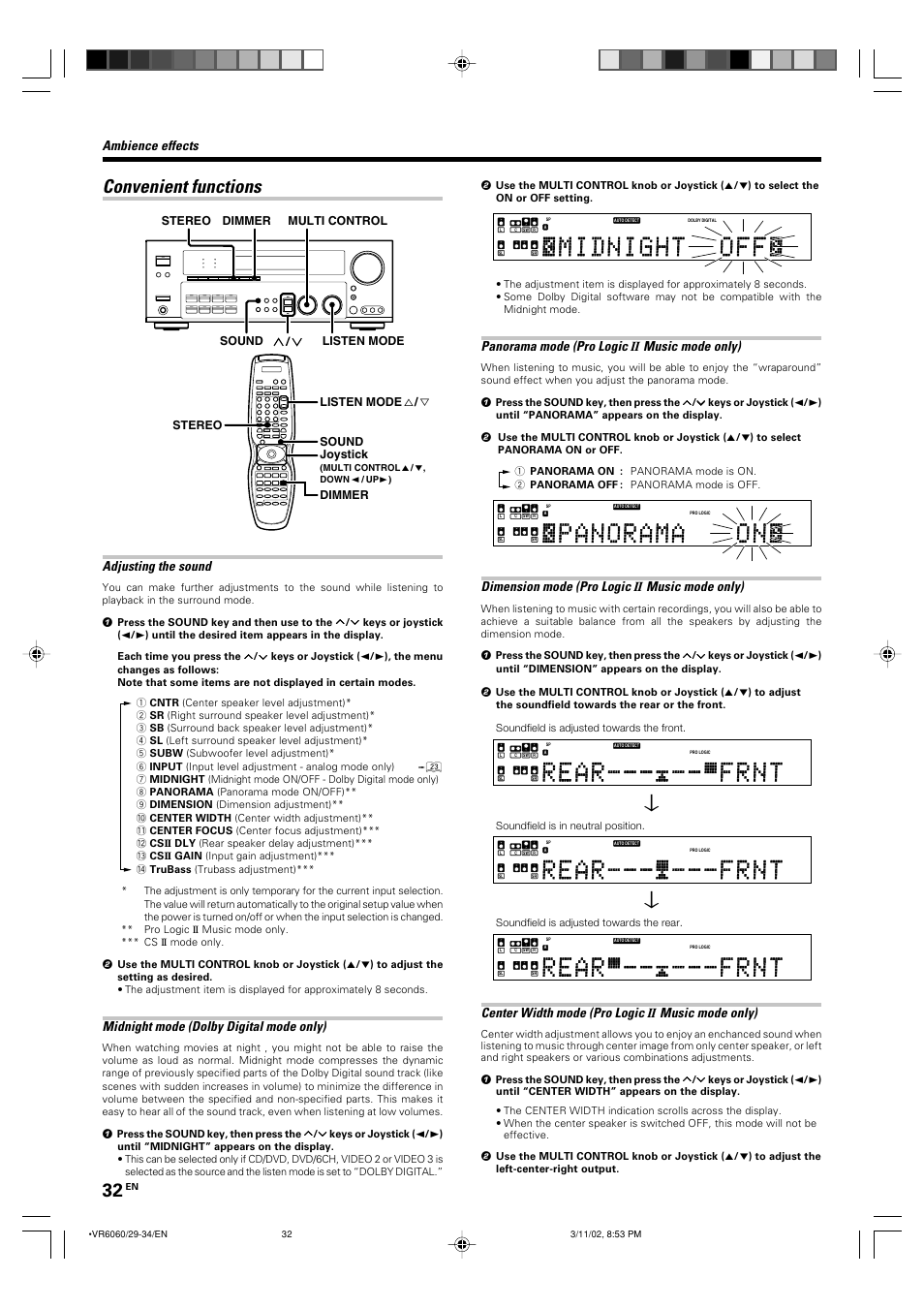 Convenient functions, Ambience effects, Adjusting the sound | Midnight mode (dolby digital mode only), Panorama mode (pro logic, Music mode only), Dimension mode (pro logic, Center width mode (pro logic, Dimmer, Soundfield is in neutral position | Kenwood KRF-V8060D User Manual | Page 32 / 44