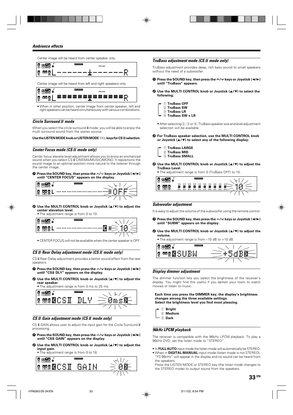 Ambience effects trubass adjustment mode (cs, Mode only), Subwoofer adjustment | Display dimmer adjustment, 96khz lpcm playback, Circle surround, Mode, Center focus mode (cs, Rear delay adjustment mode (cs, Gain adjustment mode (cs | Kenwood KRF-V8060D User Manual | Page 33 / 44
