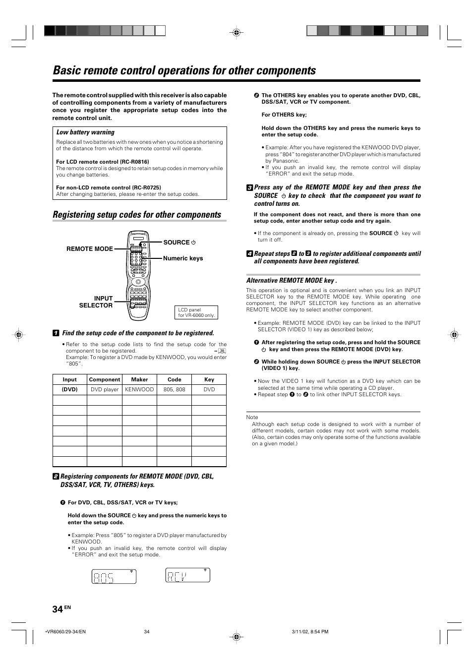 Remote control, Registering setup codes for other components | Kenwood KRF-V8060D User Manual | Page 34 / 44