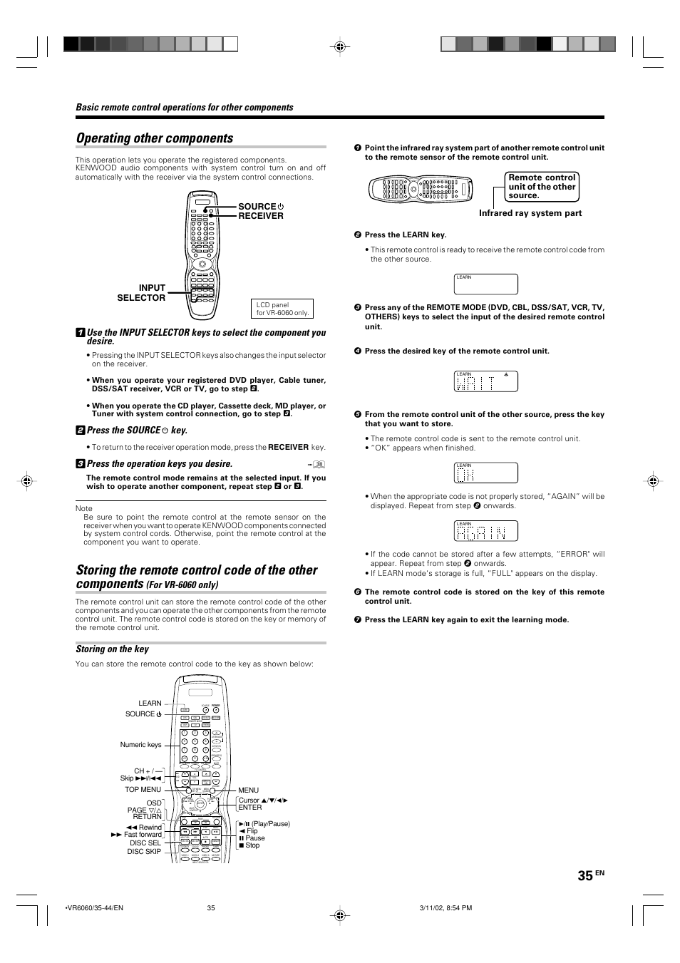 Operating other components, Press the source key, Press the operation keys you desire | For vr-6060 only), Storing on the key, Source receiver input selector | Kenwood KRF-V8060D User Manual | Page 35 / 44