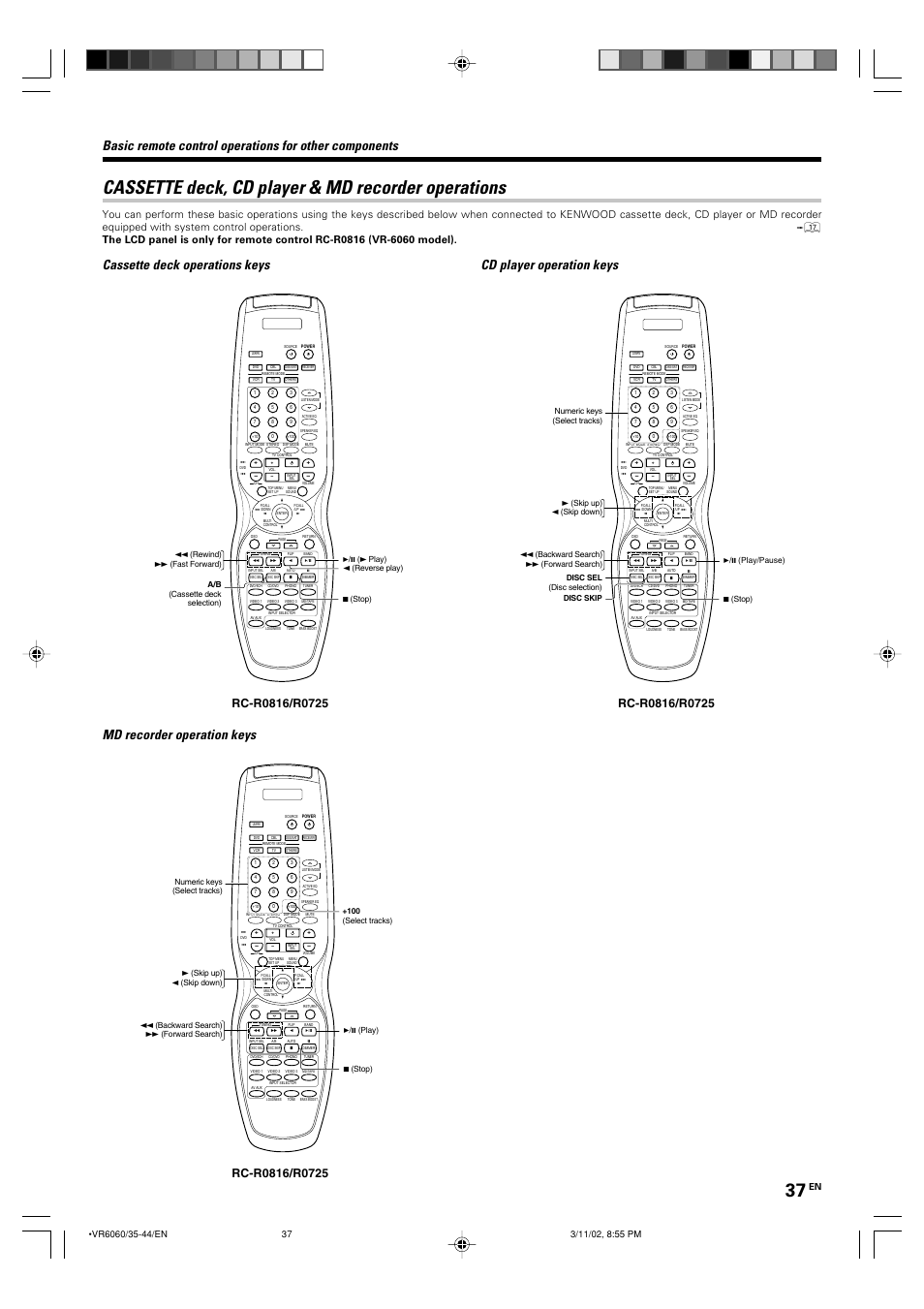 Cassette deck, cd player & md recorder operations, Md recorder operation keys | Kenwood KRF-V8060D User Manual | Page 37 / 44