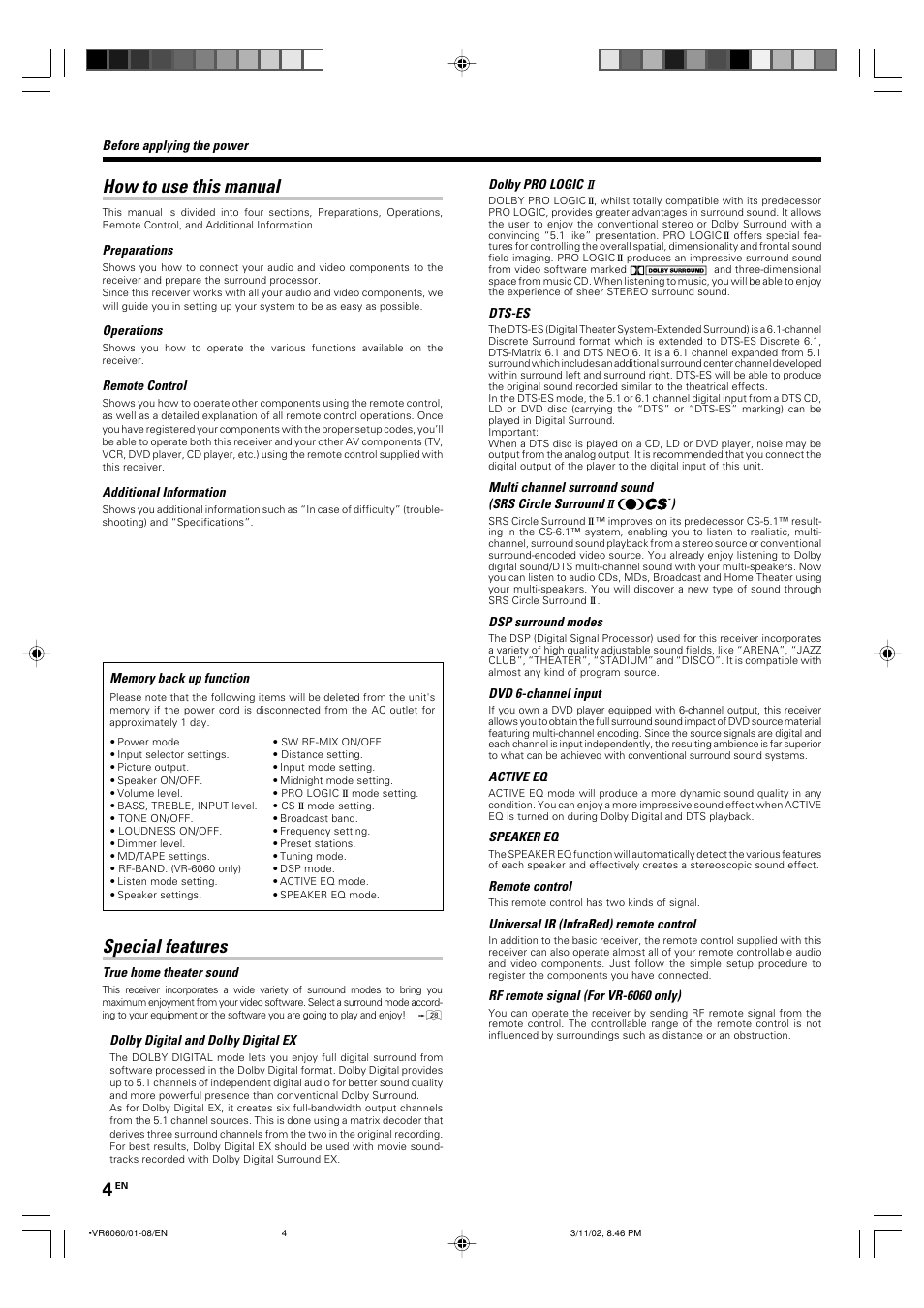 How to use this manual, Special features | Kenwood KRF-V8060D User Manual | Page 4 / 44