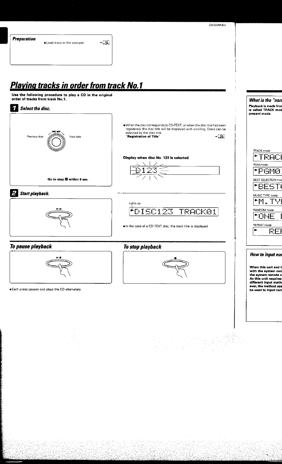 Mm sefect the disc, Start playback, Disc 123 trnc!<01 | To pause playback, Plavina tracks in order from track no. 1 | Kenwood CD-323M User Manual | Page 11 / 30