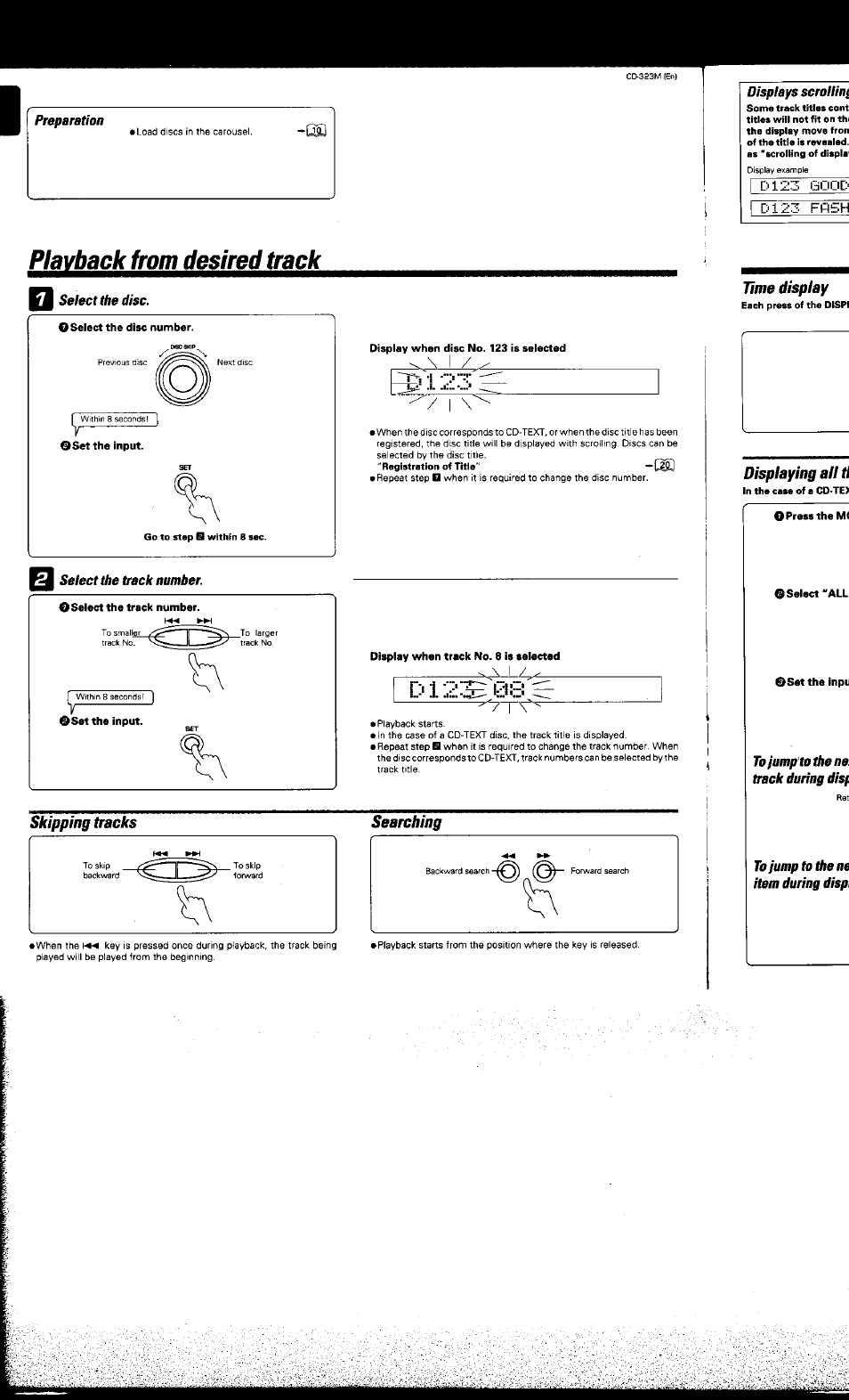 Select the disc, Select the track number, Skipping tracks | Searching, Skipping tracks searching, Playback from desired track | Kenwood CD-323M User Manual | Page 13 / 30