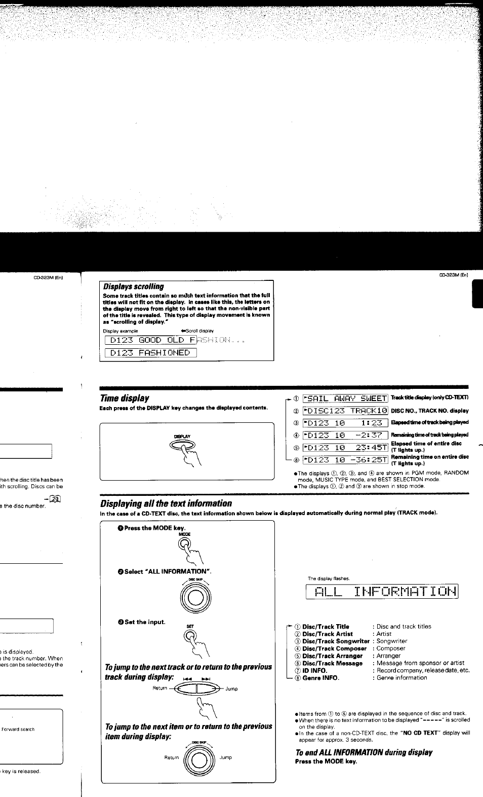 Time display, Displaying all the text information, Mll j. hhijhlnl-l ! 1un | Kenwood CD-323M User Manual | Page 14 / 30