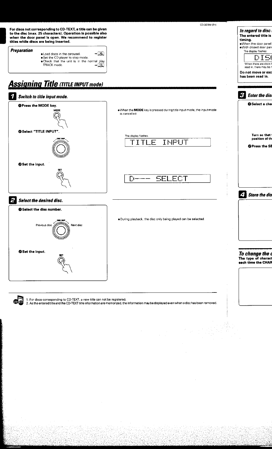 Switch to title input mode, Title ihf=ut, Select the desired disc | Assignin^jltlej | Kenwood CD-323M User Manual | Page 19 / 30