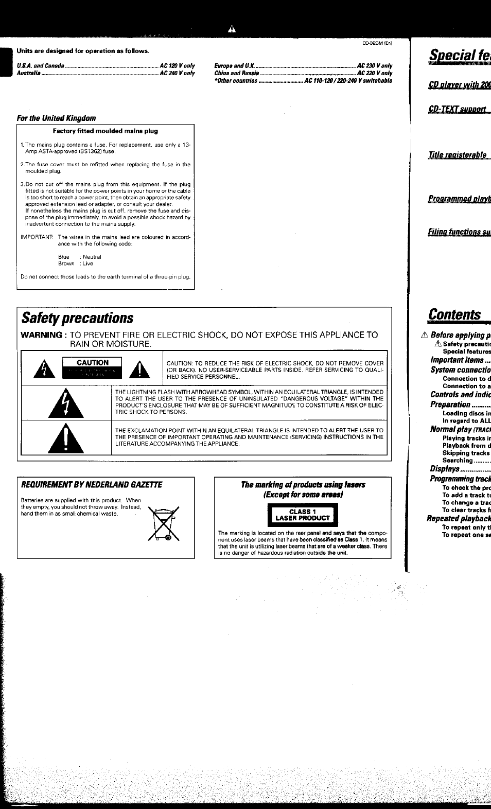 For the united kingdom, Requirement by nederland gazette, Safety precautions | Kenwood CD-323M User Manual | Page 2 / 30