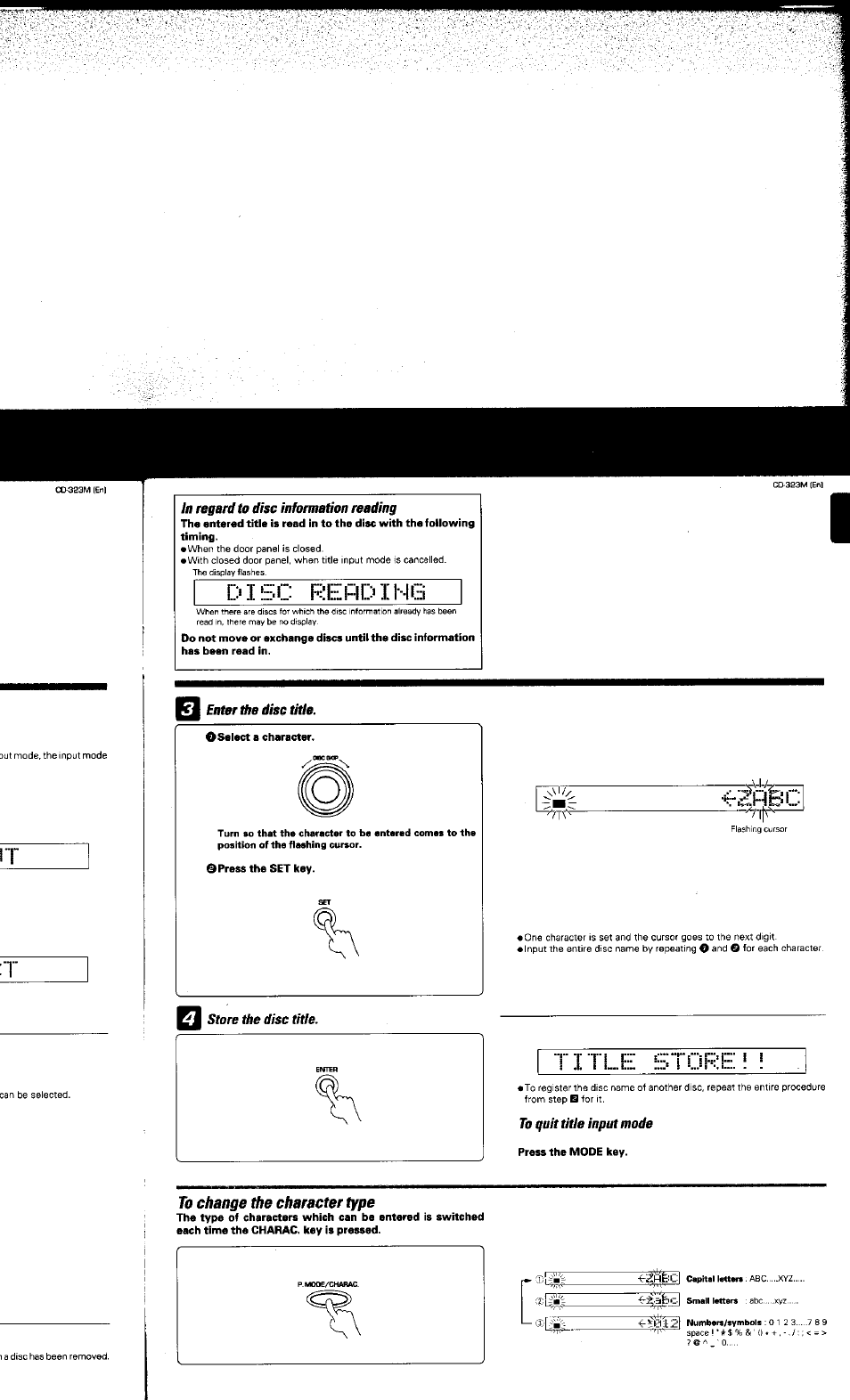 In regard to disc infonnation reading, Enter the disc title, To change the character type | Title store | Kenwood CD-323M User Manual | Page 20 / 30