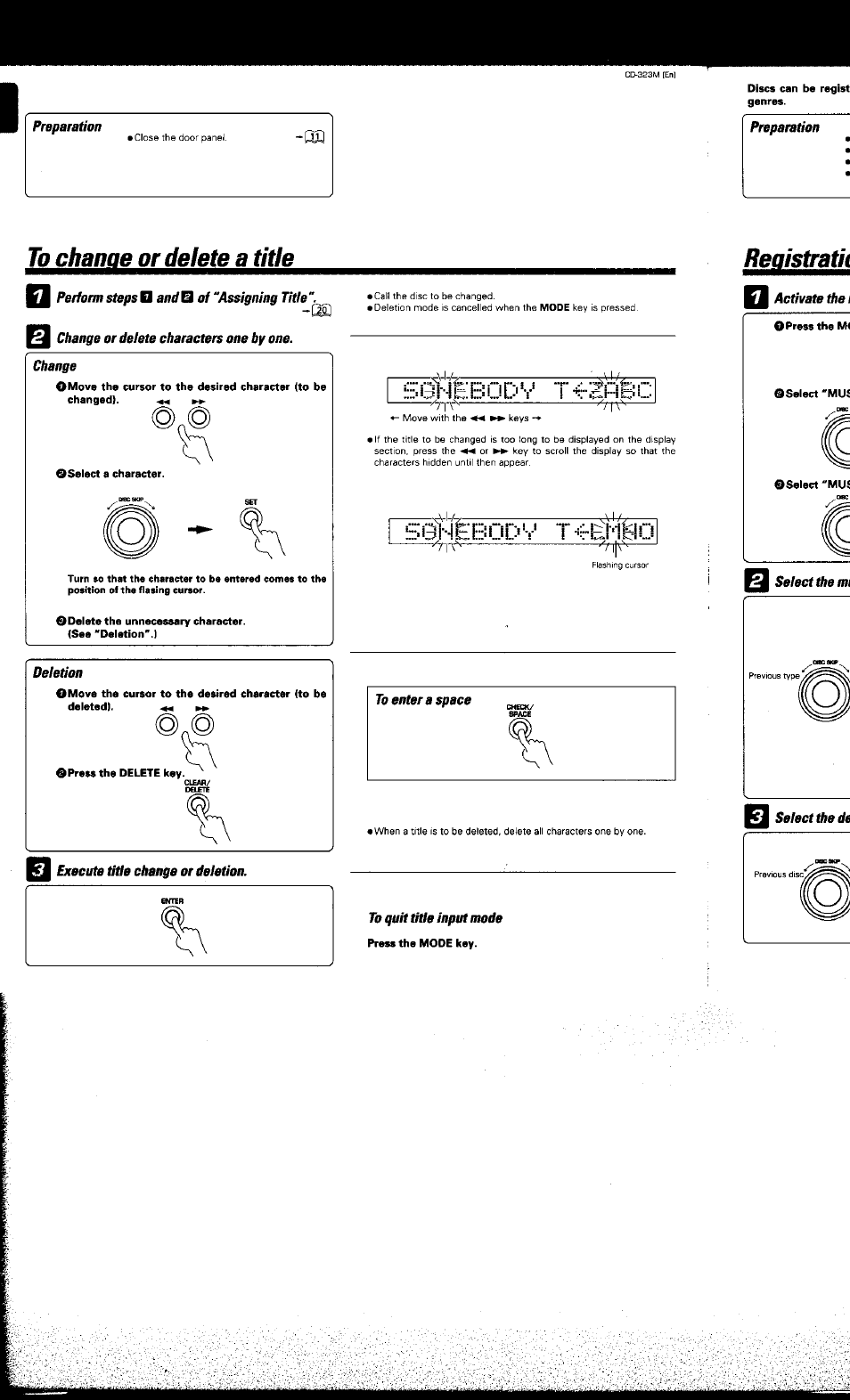 Preparation, Smebodv, To quit title input mode | Tbchangejorjel, Sii^ifeeiijdv | Kenwood CD-323M User Manual | Page 21 / 30