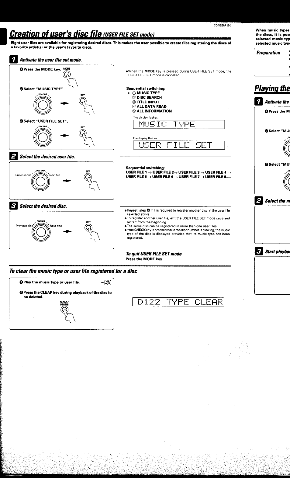 Activate the user file set mode, To quit user file set mode, D122 tvpe clei=if | User, Le set, Creation of user's disc file | Kenwood CD-323M User Manual | Page 23 / 30