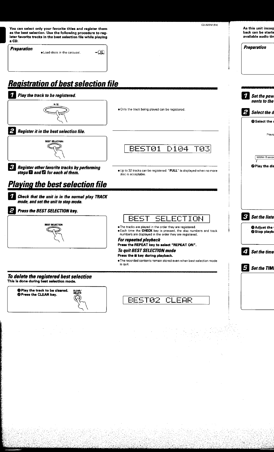 Best01 d104 t0, To delete the registered best selection, Best02 clear | Best selection, За registration of best selection file, Playing the best selection file | Kenwood CD-323M User Manual | Page 27 / 30