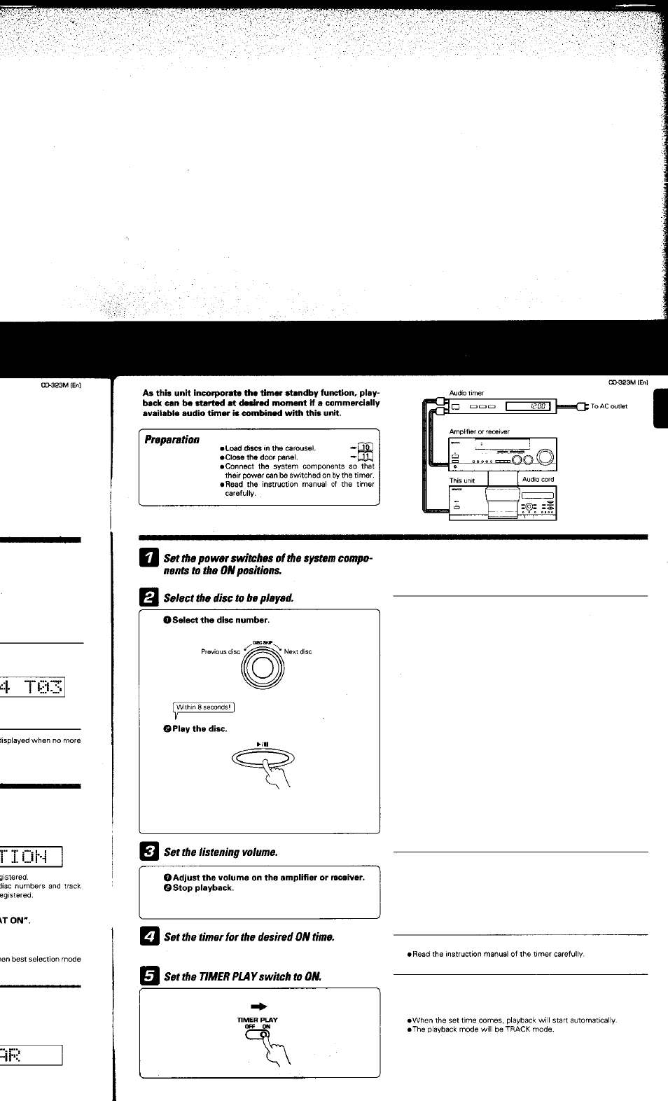 Pnparation, Set the listening volume, Set the timer for the desired on time | Set the timer pia y switch to on | Kenwood CD-323M User Manual | Page 28 / 30