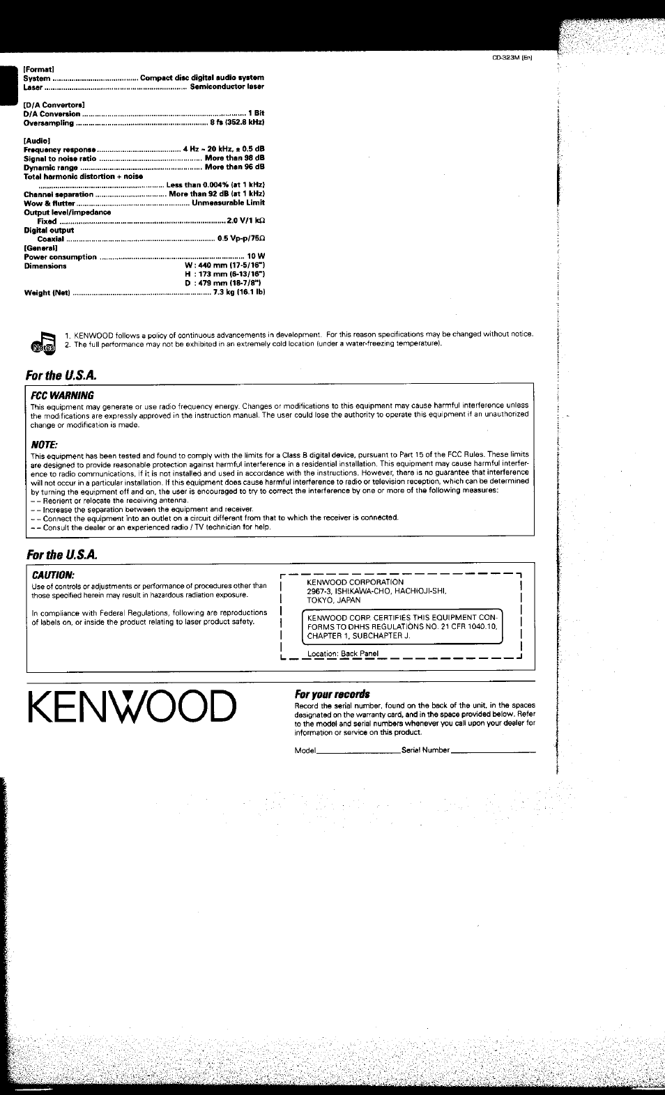 For the u.s.a, Fortheu.sa, Kenwood | For your records | Kenwood CD-323M User Manual | Page 30 / 30