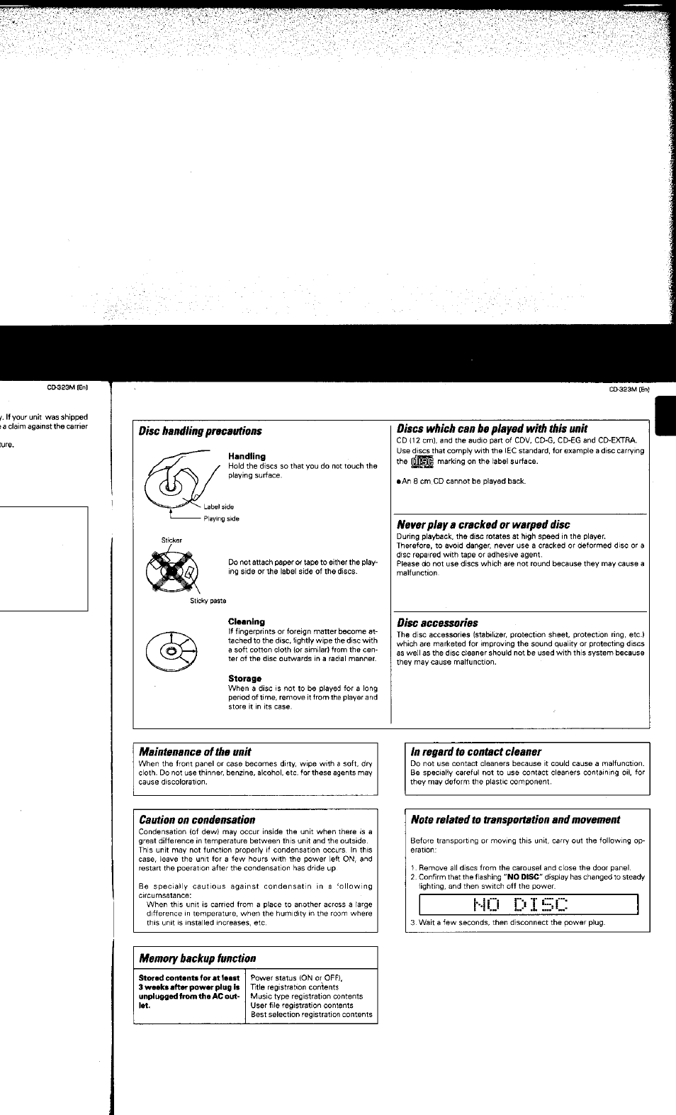 Maintenance of the unit, In regard to contact cieaner, Caution on condensation | Note related to transportation and movement | Kenwood CD-323M User Manual | Page 5 / 30