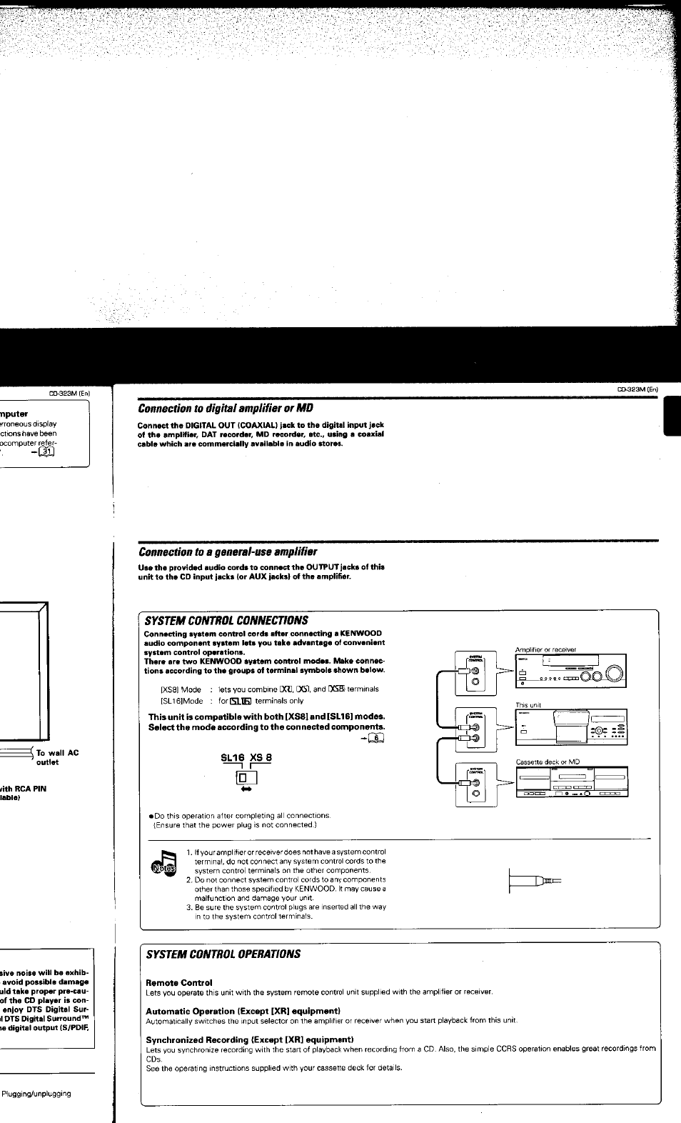 Connection to digital amplifier or md, Connection to a general-use amplifier, System control connections | System control operations, System connections | Kenwood CD-323M User Manual | Page 7 / 30