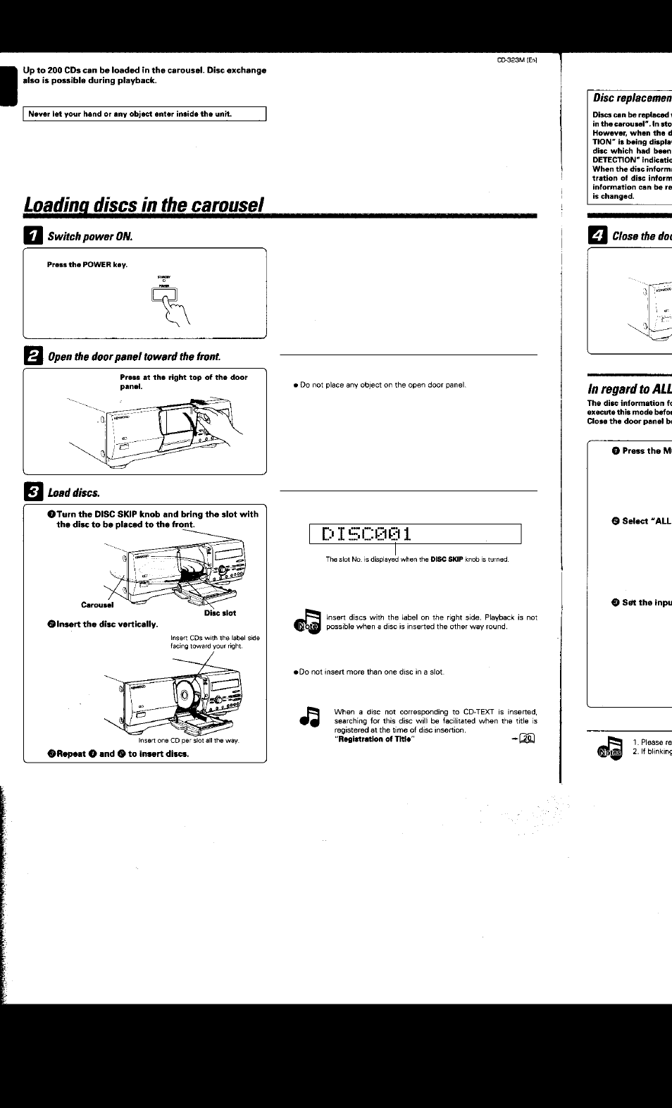 Switch power on, Open the door pane! toward the front, Disc001 | Kenwood CD-323M User Manual | Page 9 / 30