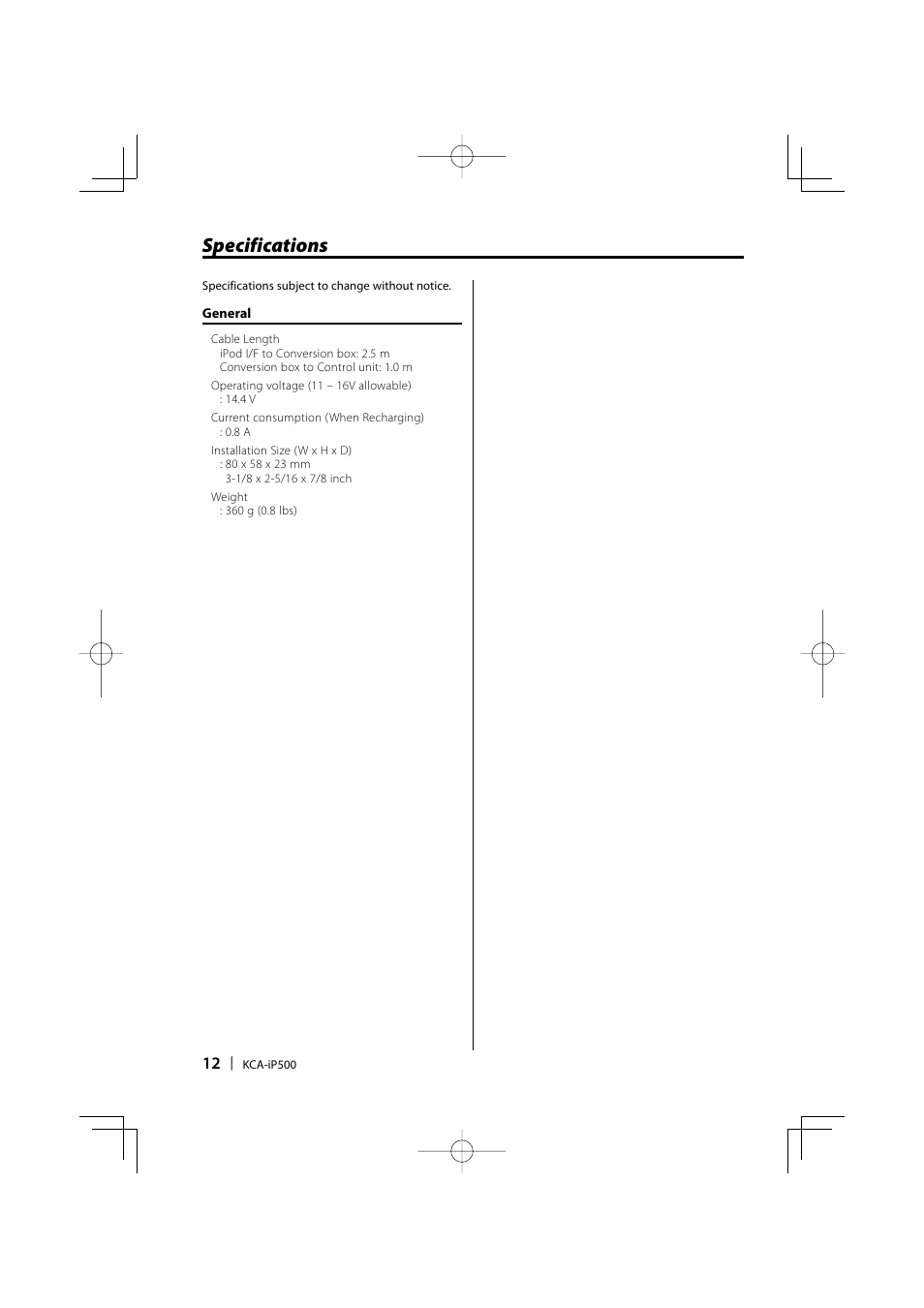 Specifications | Kenwood KCA-iP500 User Manual | Page 12 / 84