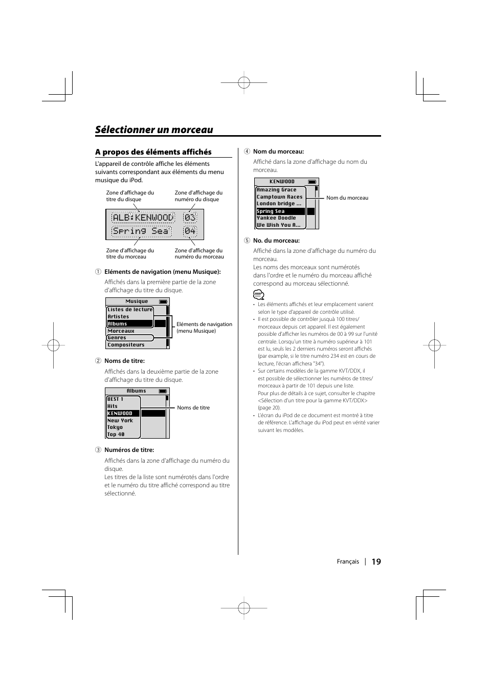 Sélectionner un morceau, A propos des éléments affichés, Alb:kenwood 03 spring sea 04 | Kenwood KCA-iP500 User Manual | Page 19 / 84