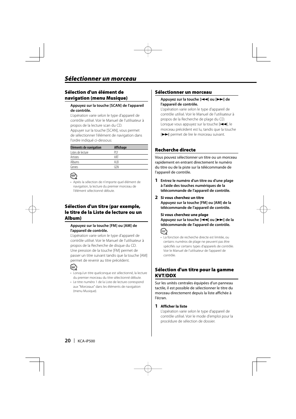 Sélectionner un morceau | Kenwood KCA-iP500 User Manual | Page 20 / 84