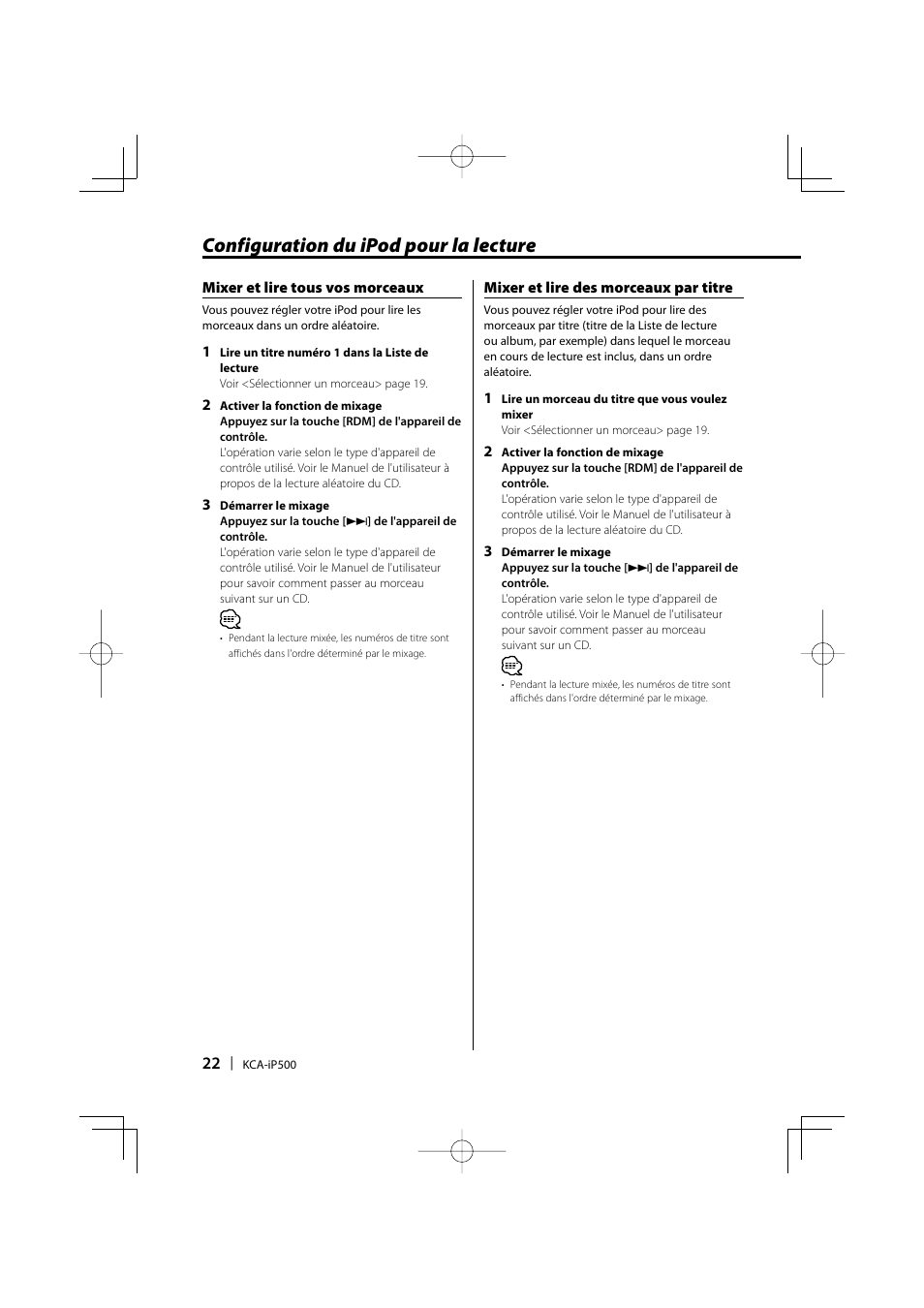 Configuration du ipod pour la lecture | Kenwood KCA-iP500 User Manual | Page 22 / 84