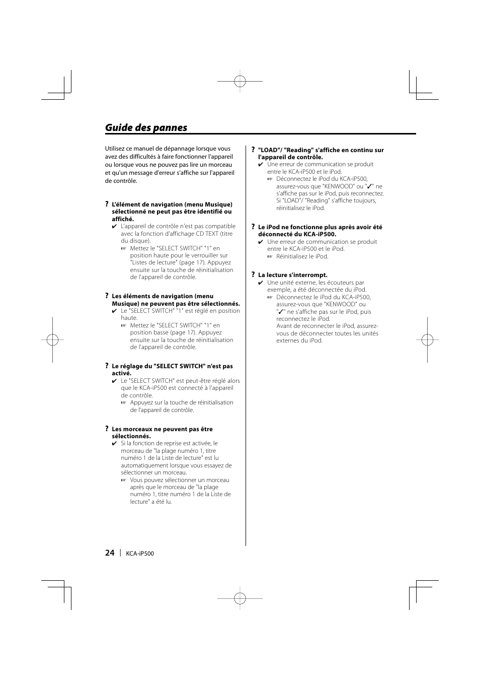 Guide des pannes | Kenwood KCA-iP500 User Manual | Page 24 / 84