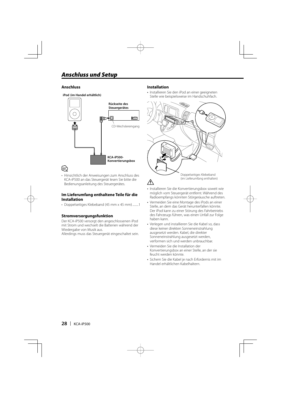 Anschluss und setup | Kenwood KCA-iP500 User Manual | Page 28 / 84