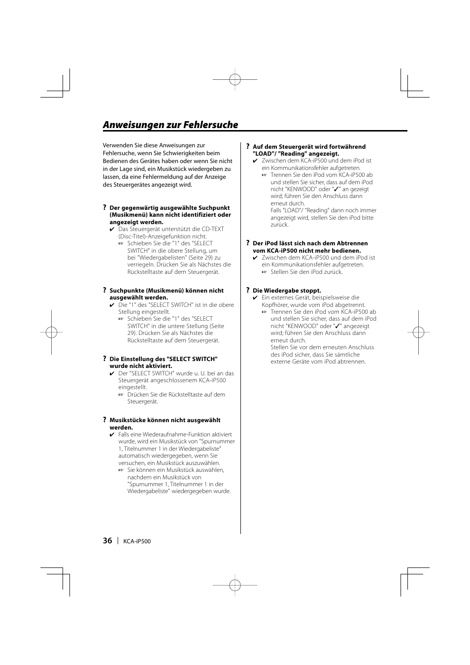 Anweisungen zur fehlersuche | Kenwood KCA-iP500 User Manual | Page 36 / 84