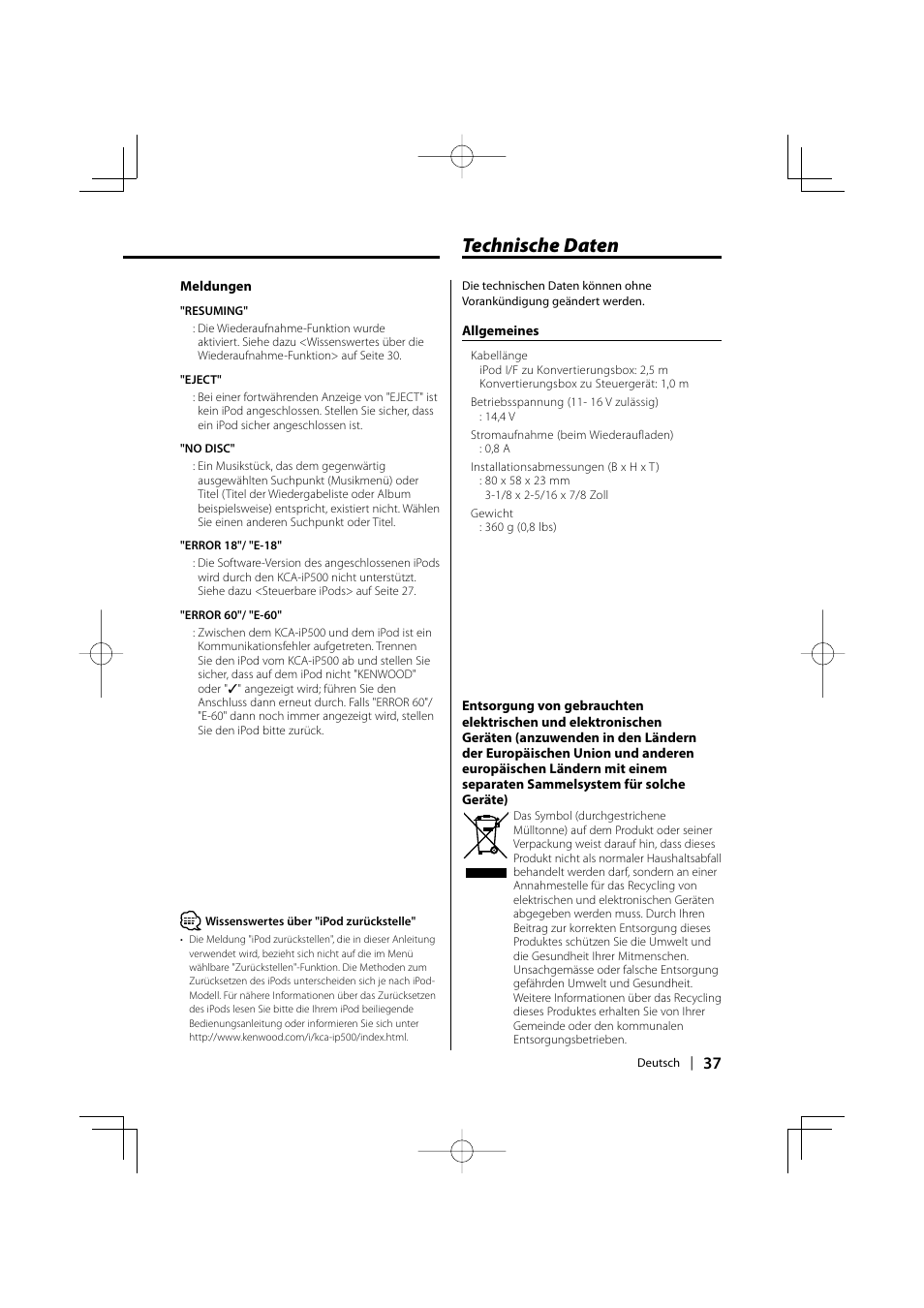 Technische daten | Kenwood KCA-iP500 User Manual | Page 37 / 84