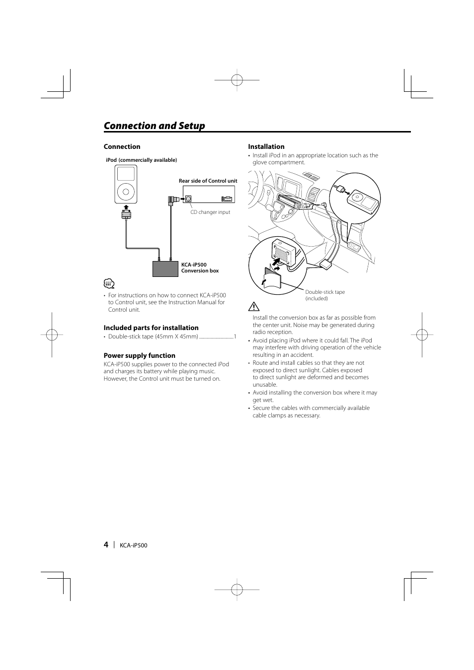 Connection and setup | Kenwood KCA-iP500 User Manual | Page 4 / 84