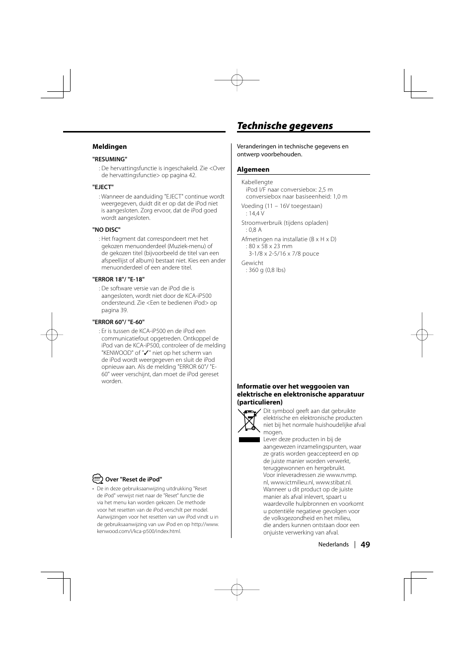 Technische gegevens | Kenwood KCA-iP500 User Manual | Page 49 / 84