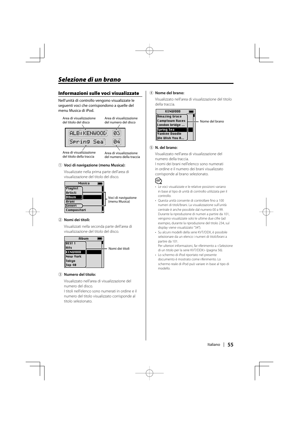 Selezione di un brano, Informazioni sulle voci visualizzate, Alb:kenwood 03 spring sea 04 | Kenwood KCA-iP500 User Manual | Page 55 / 84